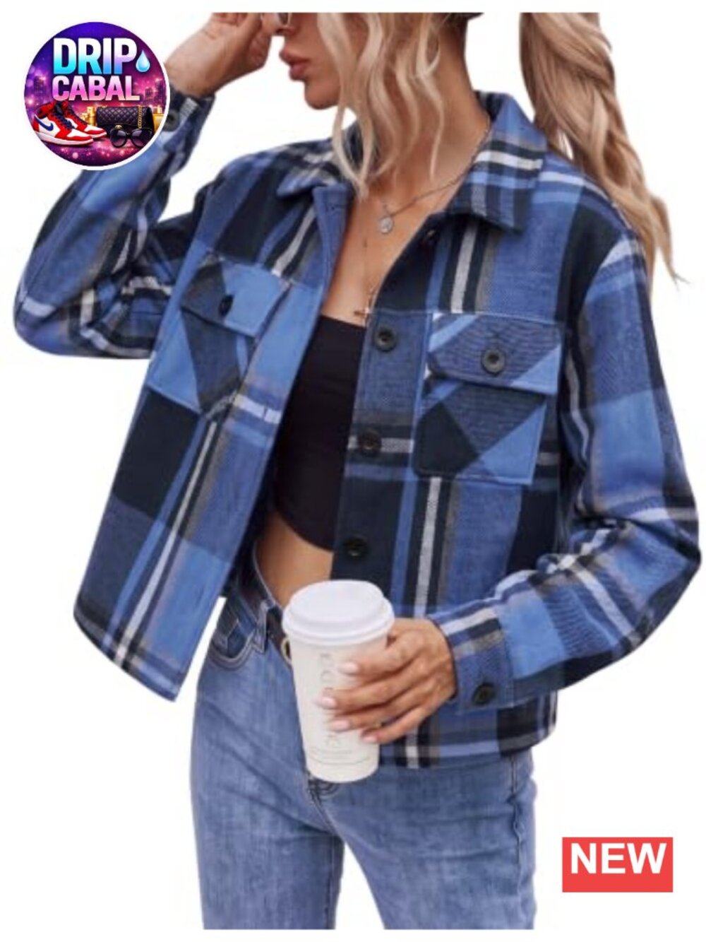 Womens Cropped Plaid Shacket Flannel Long Sleeve Button Down Jacket